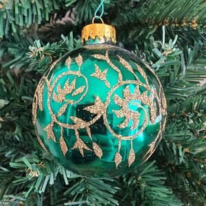 Vintage Glass Ball Christmas Ornament Green w/ Gold Glitter Swirl Design